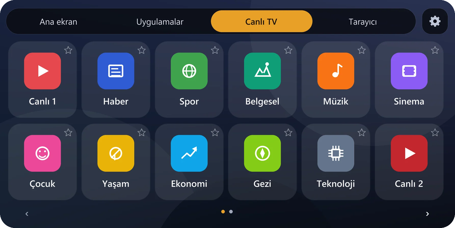 Araç ekranında Yoldayım Canlı TV: Canlı 1, Haber, Spor, Belgesel, Müzik ve diğer kategori kartları (örnek arayüz)